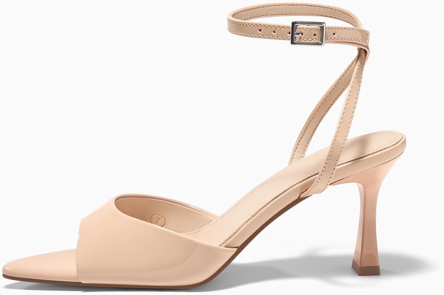 image:imageCoutgo Womens Kitten Heels Sandals Pointed Open Toe Ankle Buckle Strap Summer Dress ShoesNude