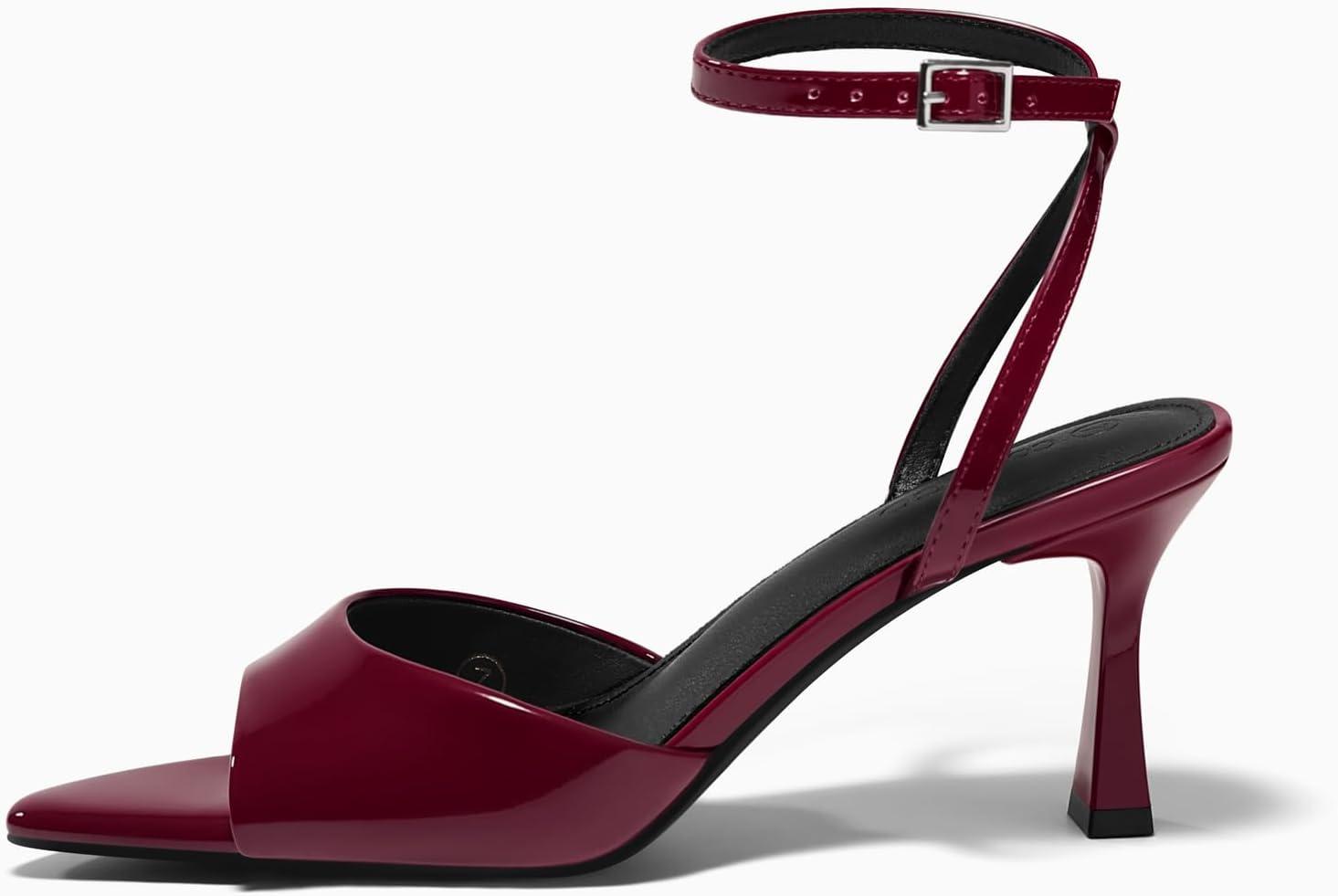 image:imageCoutgo Womens Kitten Heels Sandals Pointed Open Toe Ankle Buckle Strap Summer Dress ShoesWine Red