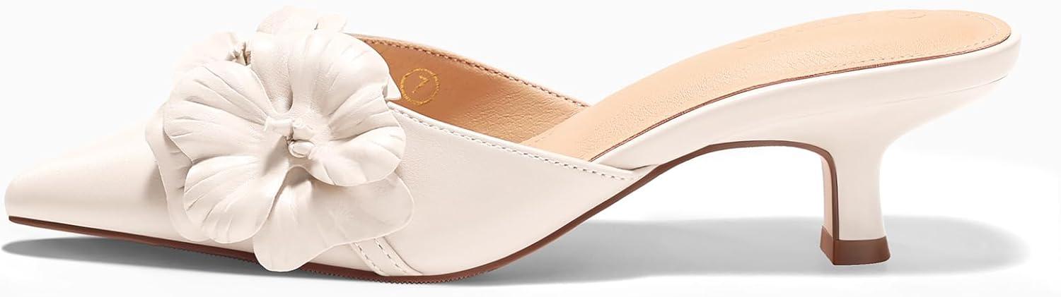 image:imageCoutgo Womens Kitten Low Heels Mules Flower Closed Pointed Toe Pumps Slip On Party Dress ShoesBeige