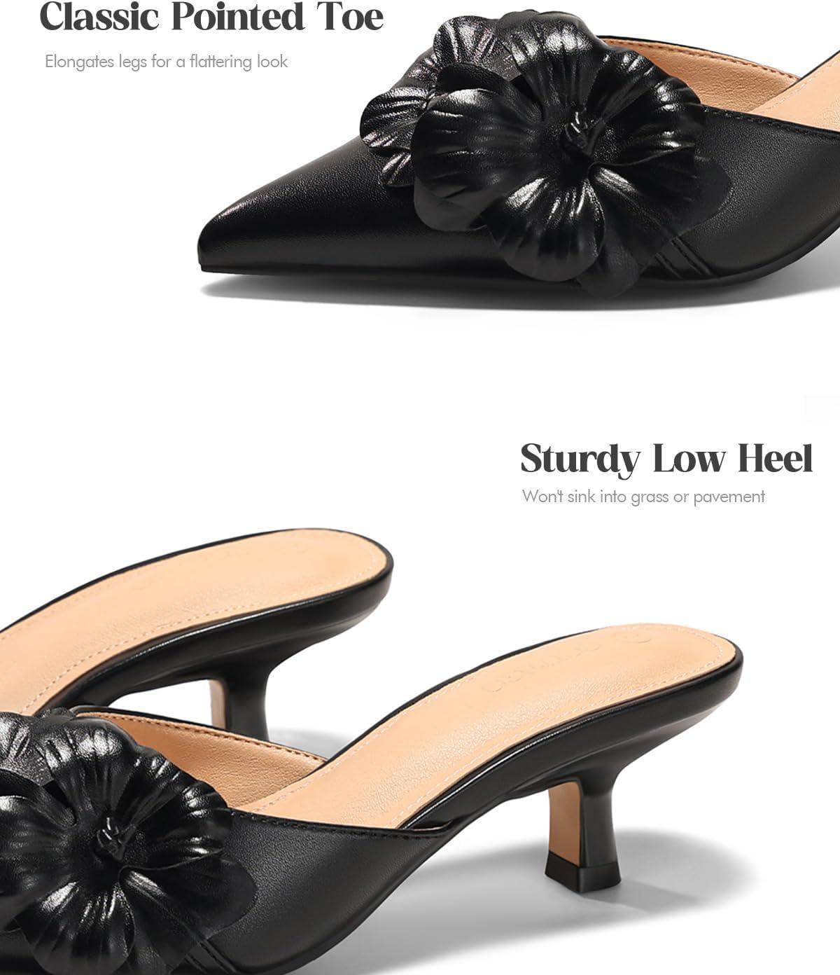 image:imageCoutgo Womens Kitten Low Heels Mules Flower Closed Pointed Toe Pumps Slip On Party Dress ShoesBlack