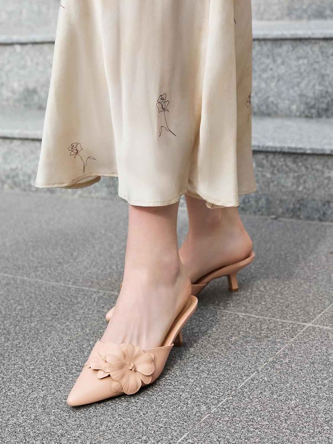 image:imageCoutgo Womens Kitten Low Heels Mules Flower Closed Pointed Toe Pumps Slip On Party Dress ShoesLight Khaki
