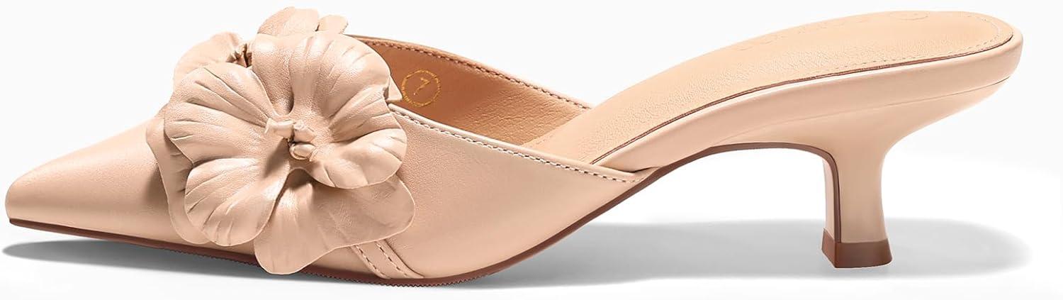 image:imageCoutgo Womens Kitten Low Heels Mules Flower Closed Pointed Toe Pumps Slip On Party Dress ShoesLight Khaki