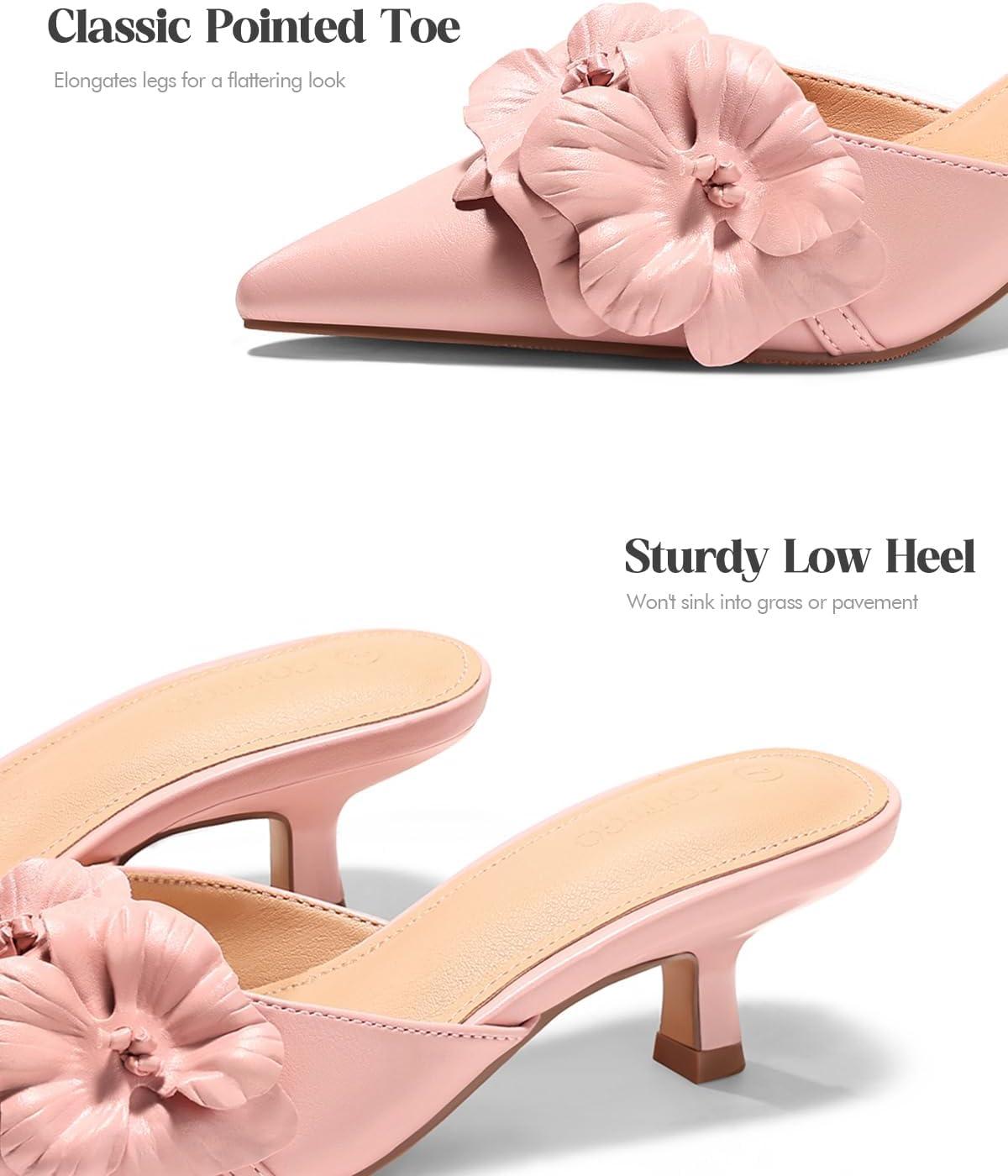 image:imageCoutgo Womens Kitten Low Heels Mules Flower Closed Pointed Toe Pumps Slip On Party Dress ShoesPink
