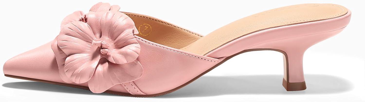 image:imageCoutgo Womens Kitten Low Heels Mules Flower Closed Pointed Toe Pumps Slip On Party Dress ShoesPink