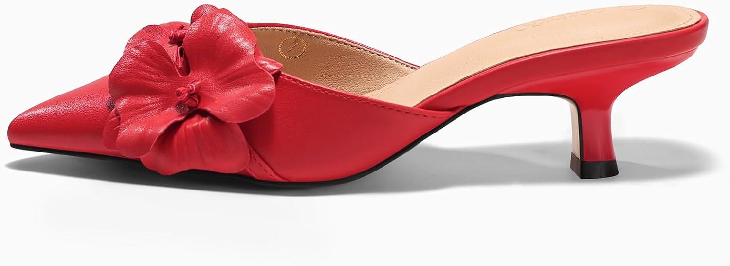 image:imageCoutgo Womens Kitten Low Heels Mules Flower Closed Pointed Toe Pumps Slip On Party Dress ShoesRed
