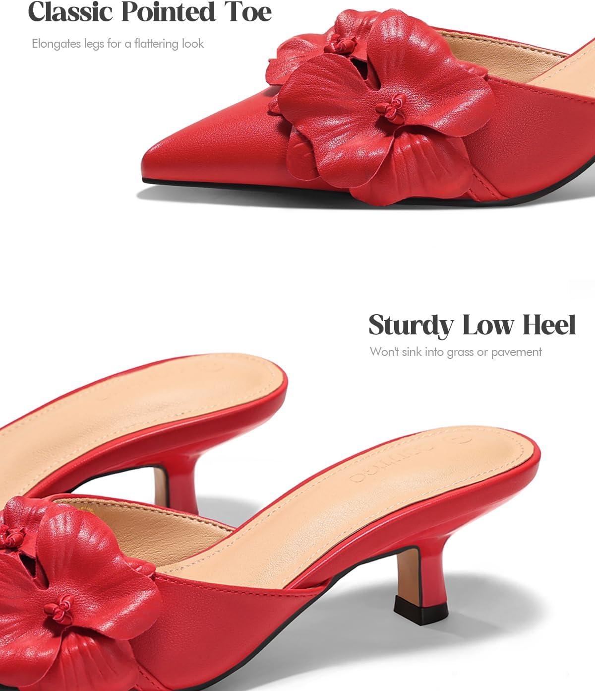 image:imageCoutgo Womens Kitten Low Heels Mules Flower Closed Pointed Toe Pumps Slip On Party Dress ShoesRed