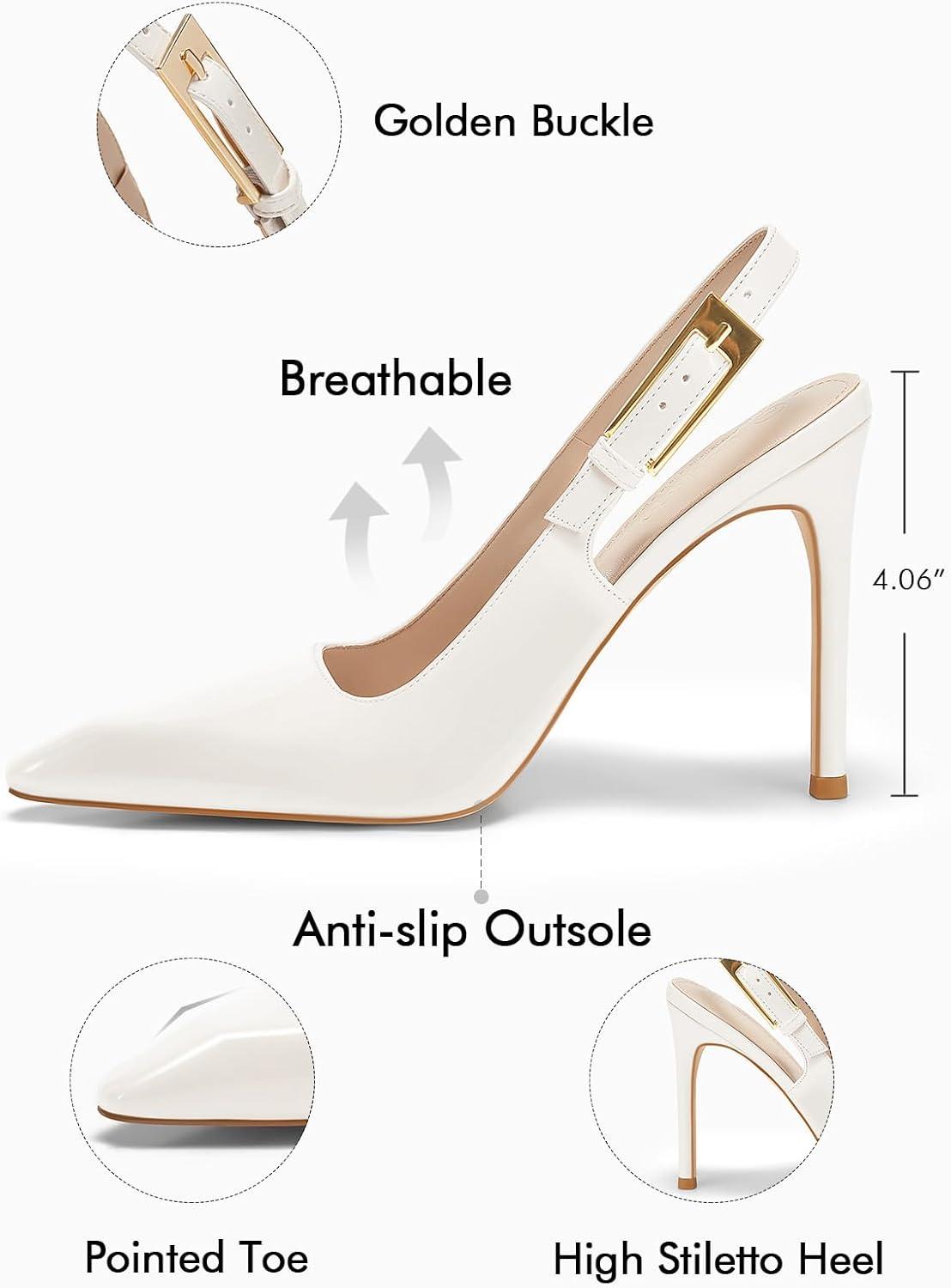 image:imageCoutgo Womens Slingback High Heels Pointed Toe Stilettos Metal Buckle Dress Party Pump ShoesWhite