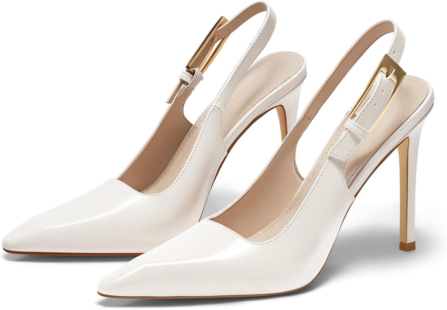 image:imageCoutgo Womens Slingback High Heels Pointed Toe Stilettos Metal Buckle Dress Party Pump ShoesWhite