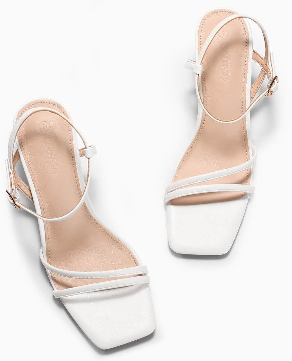 image:imageCoutgo Womens Strappy Low Kitten Heels Square Open Toe Sandals Ankle Strap Comfortable Summer Dressy ShoesWhite