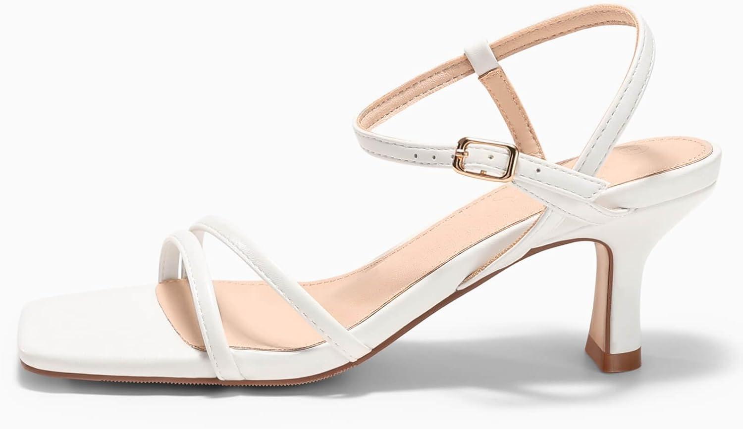 image:imageCoutgo Womens Strappy Low Kitten Heels Square Open Toe Sandals Ankle Strap Comfortable Summer Dressy ShoesWhite