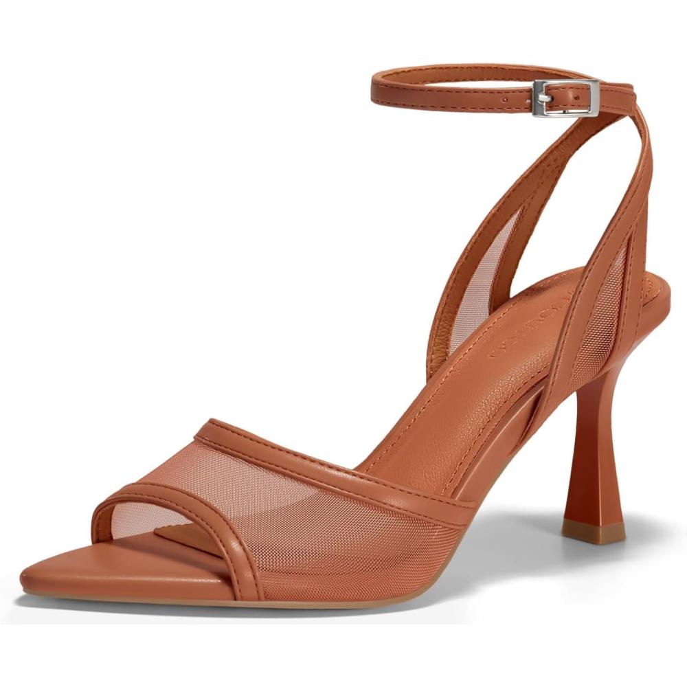 image:imageCoutgo Womens Kitten Heels Sandals Pointed Open Toe Ankle Buckle Strap Summer Dress ShoesMesh Brown