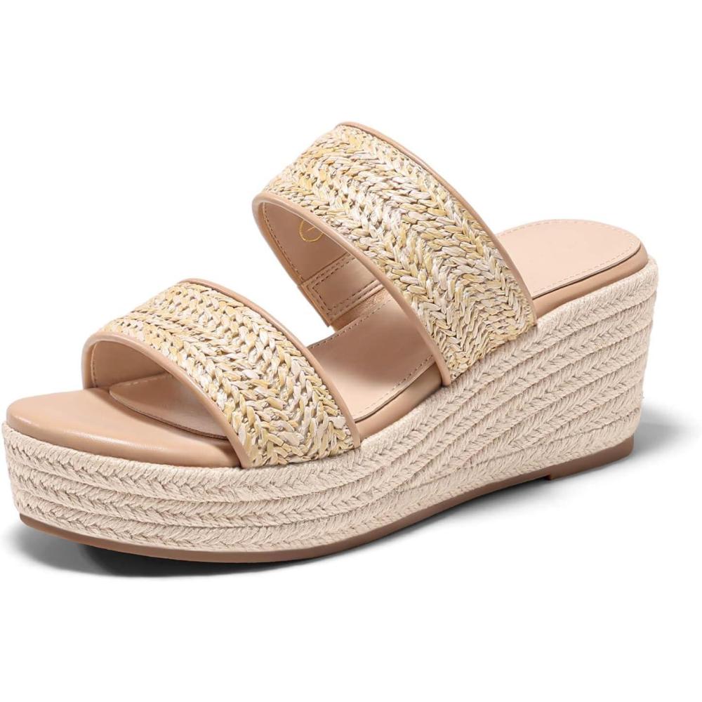 image:imageCoutgo Womens Platform Wedge Sandals Espadrille Raffia Heeled Slides Open Toe Two Band Summer Beach Vacation ShoesKhaki