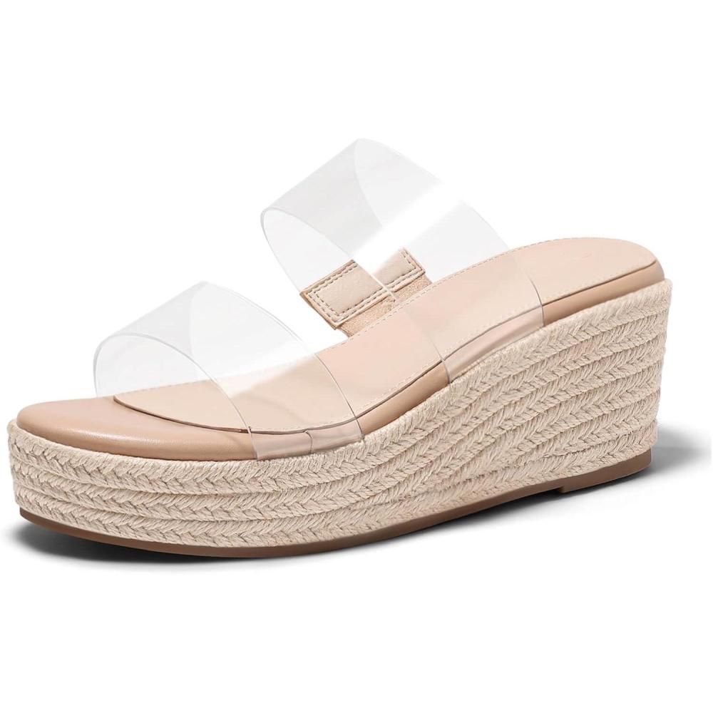 image:imageCoutgo Womens Platform Wedge Sandals Espadrille Raffia Heeled Slides Open Toe Two Band Summer Beach Vacation ShoesTransparent