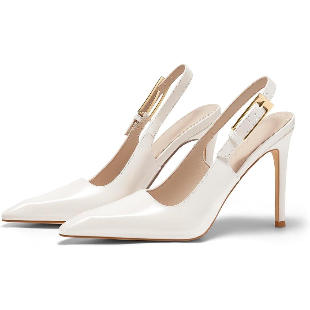 image:imageCoutgo Womens Slingback High Heels Pointed Toe Stilettos Metal Buckle Dress Party Pump ShoesWhite