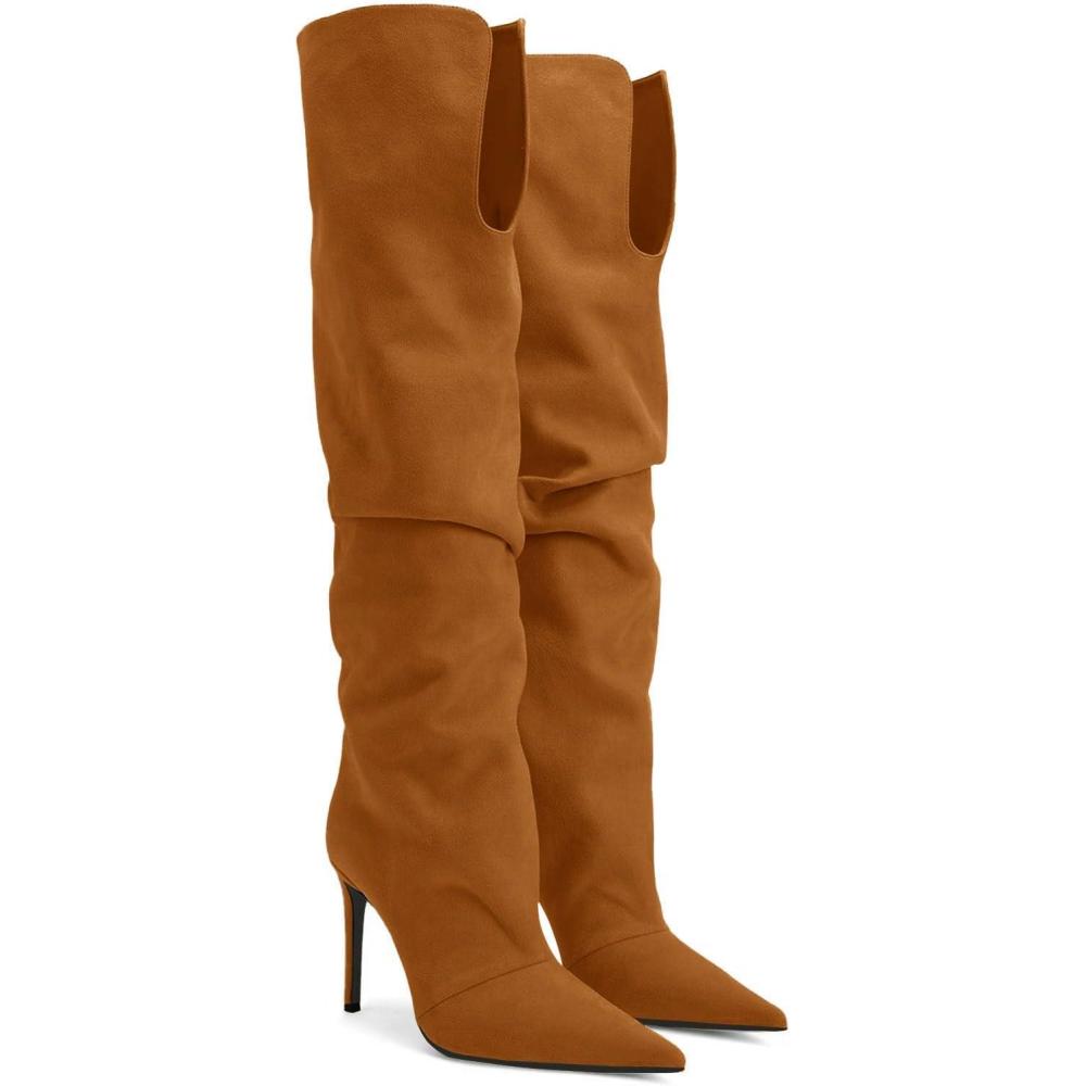 image:imageCoutgo Womens Slouchy Knee High Boots High Heel Pointed Toe Sexy Stiletto Pull on Tall Boots Winter Shoes