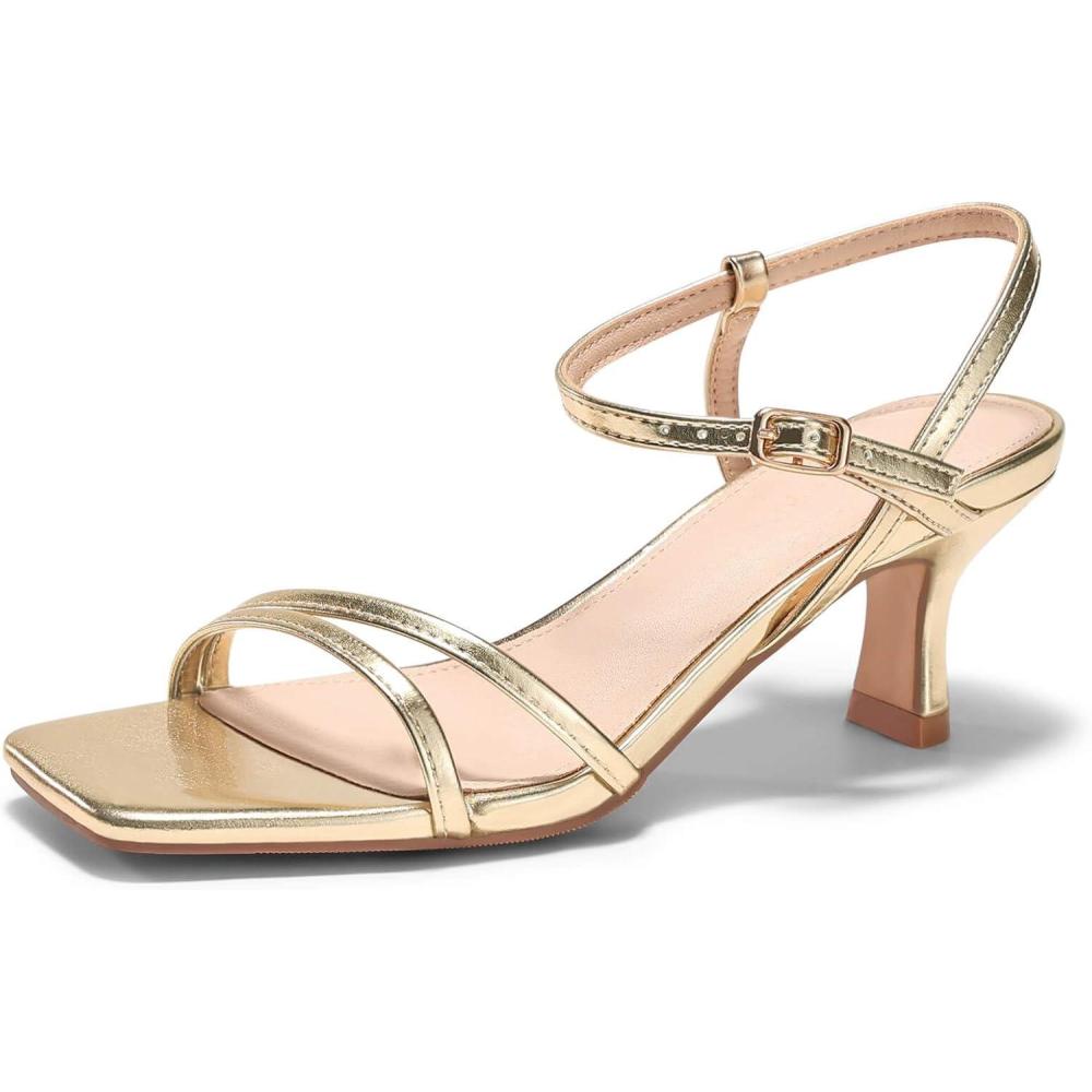 image:imageCoutgo Womens Strappy Low Kitten Heels Square Open Toe Sandals Ankle Strap Comfortable Summer Dressy ShoesGold