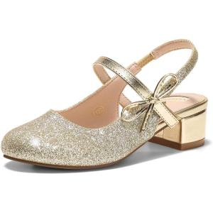 Coutgo Girls Dress Shoes Flower Girl Mary Jane Low Heels Wedding Party Bow Pumps for Toddler Little Big Kid(Gold Glitter)