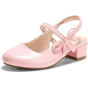 Coutgo Girls Dress Shoes Flower Girl Mary Jane Low Heels Wedding Party Bow Pumps for Toddler Little Big Kid(Pink Pu)
