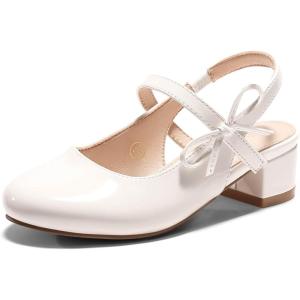 Coutgo Girls Dress Shoes Flower Girl Mary Jane Low Heels Wedding Party Bow Pumps for Toddler Little Big Kid(White Patent)