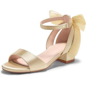 Coutgo Girls Dress Shoes Sandals Chunky Low Heels Bow Ankle Strap Flower Girl Wedding Party Shoes(Champagne Gold)