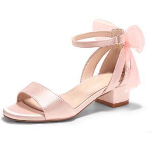 Coutgo Girls Dress Shoes Sandals Chunky Low Heels Bow Ankle Strap Flower Girl Wedding Party Shoes(Pink)