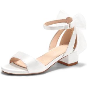 Coutgo Girls Dress Shoes Sandals Chunky Low Heels Bow Ankle Strap Flower Girl Wedding Party Shoes(White)