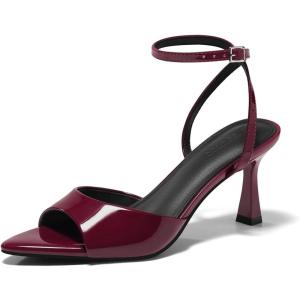 Coutgo Womens Kitten Heels Sandals Pointed Open Toe Ankle Buckle Strap Summer Dress Shoes(Wine Red)