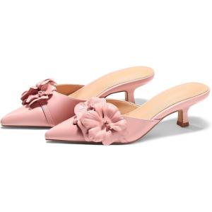 Coutgo Womens Kitten Low Heels Mules Flower Closed Pointed Toe Pumps Slip On Party Dress Shoes(Pink)