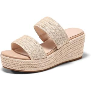 Coutgo Womens Platform Wedge Sandals Espadrille Raffia Heeled Slides Open Toe Two Band Summer Beach Vacation Shoes(Beige)