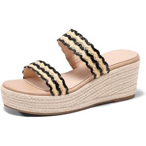 Coutgo Womens Platform Wedge Sandals Espadrille Raffia Heeled Slides Open Toe Two Band Summer Beach Vacation Shoes(Black)
