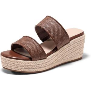 Coutgo Womens Platform Wedge Sandals Espadrille Raffia Heeled Slides Open Toe Two Band Summer Beach Vacation Shoes(Brown)
