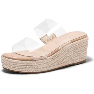 Coutgo Womens Platform Wedge Sandals Espadrille Raffia Heeled Slides Open Toe Two Band Summer Beach Vacation Shoes(Transparent)