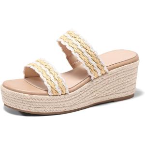 Coutgo Womens Platform Wedge Sandals Espadrille Raffia Heeled Slides Open Toe Two Band Summer Beach Vacation Shoes(White)