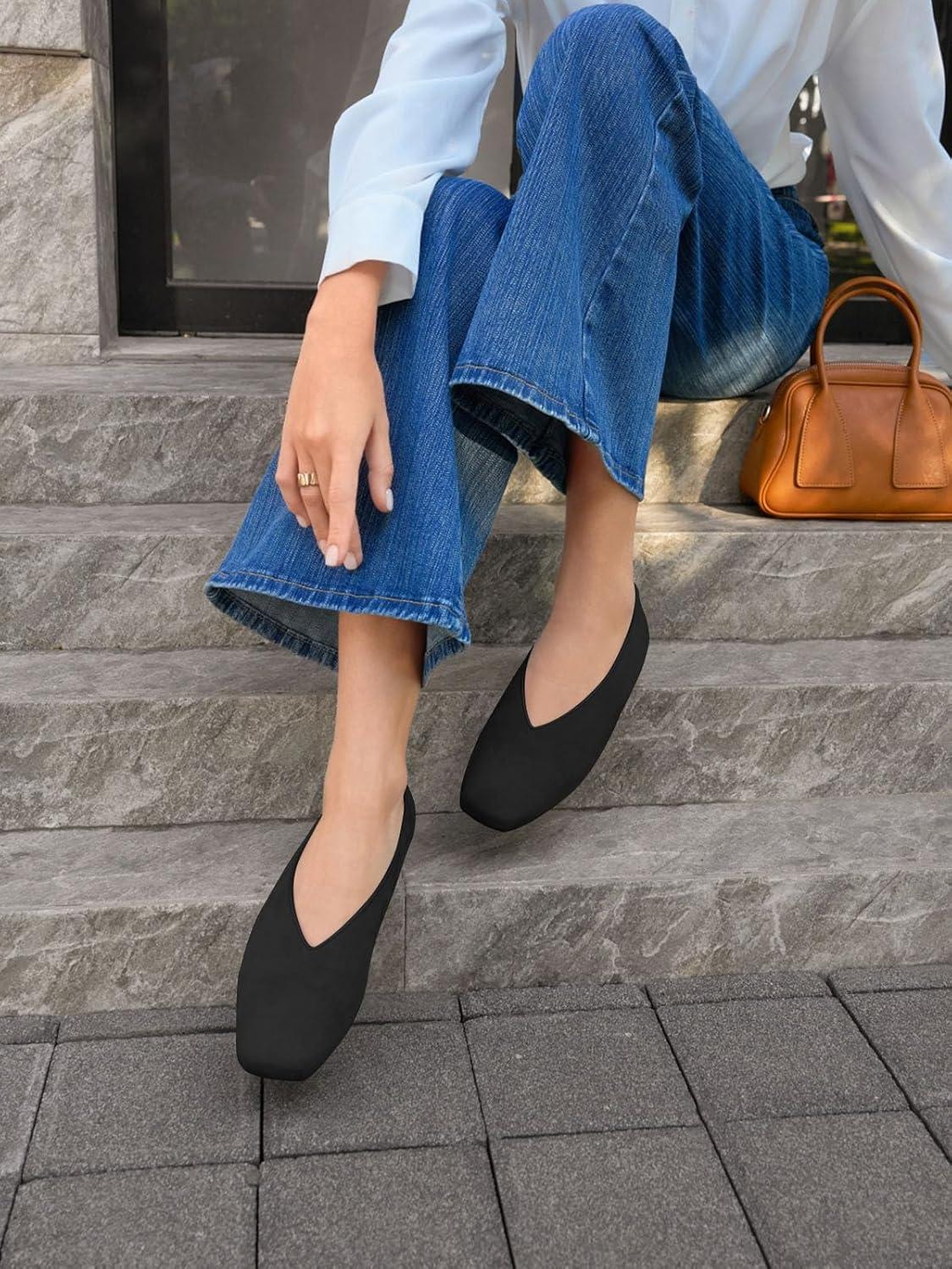 image:imageCoutgo Womens Ballet Flats Comfortable Closed Square Toe Flats Slip On Suede Work Dress ShoesBlack
