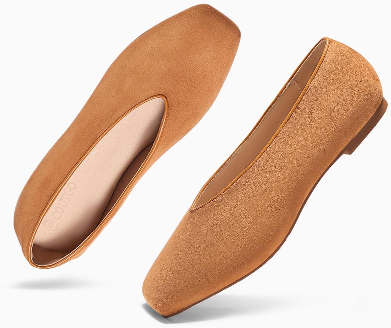 image:imageCoutgo Womens Ballet Flats Comfortable Closed Square Toe Flats Slip On Suede Work Dress ShoesBrown