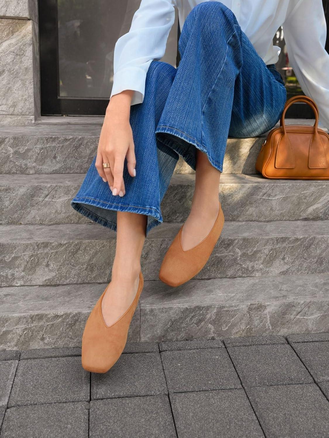 image:imageCoutgo Womens Ballet Flats Comfortable Closed Square Toe Flats Slip On Suede Work Dress ShoesBrown