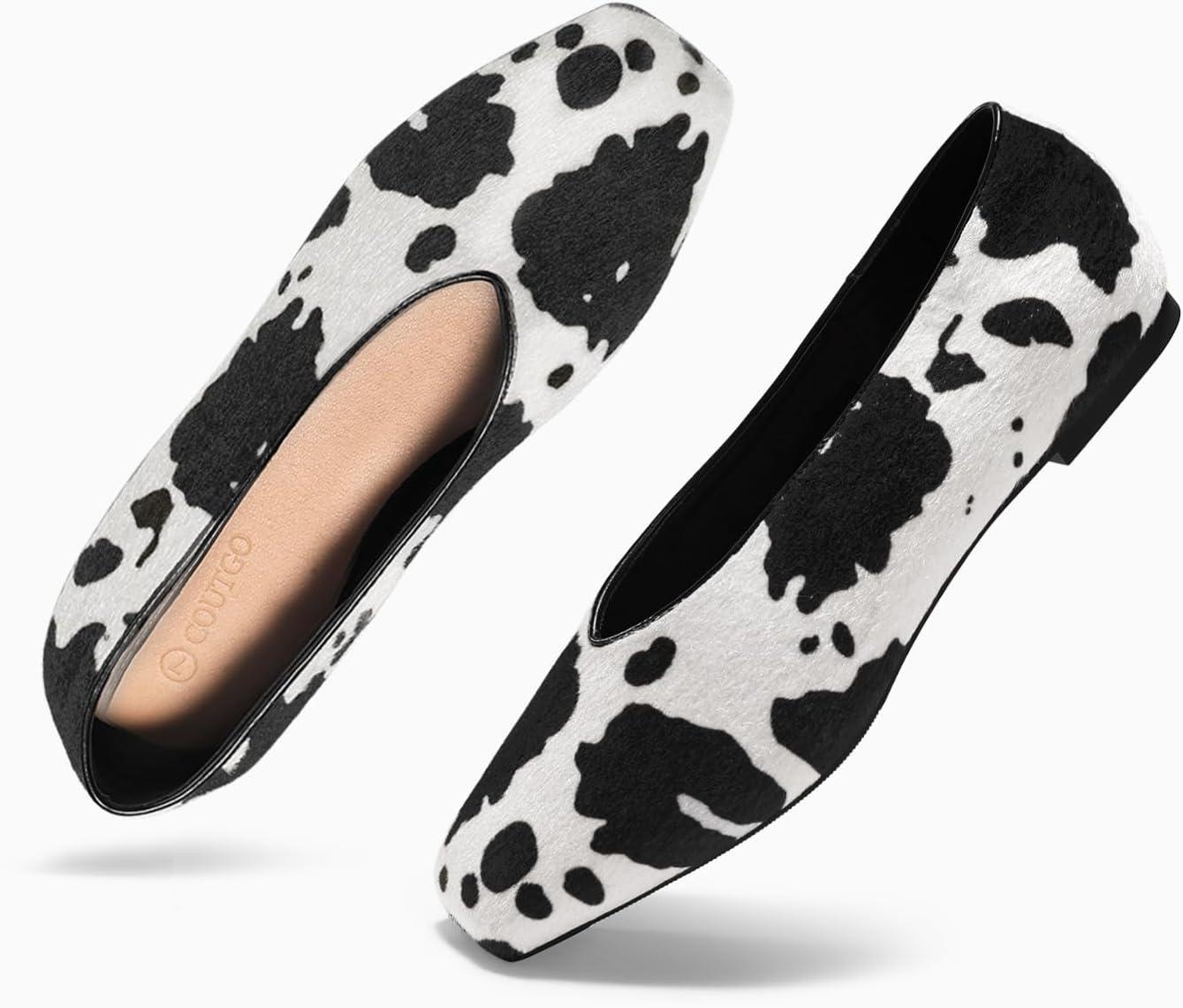 image:imageCoutgo Womens Ballet Flats Comfortable Closed Square Toe Flats Slip On Suede Work Dress ShoesCow Print Blackwhite