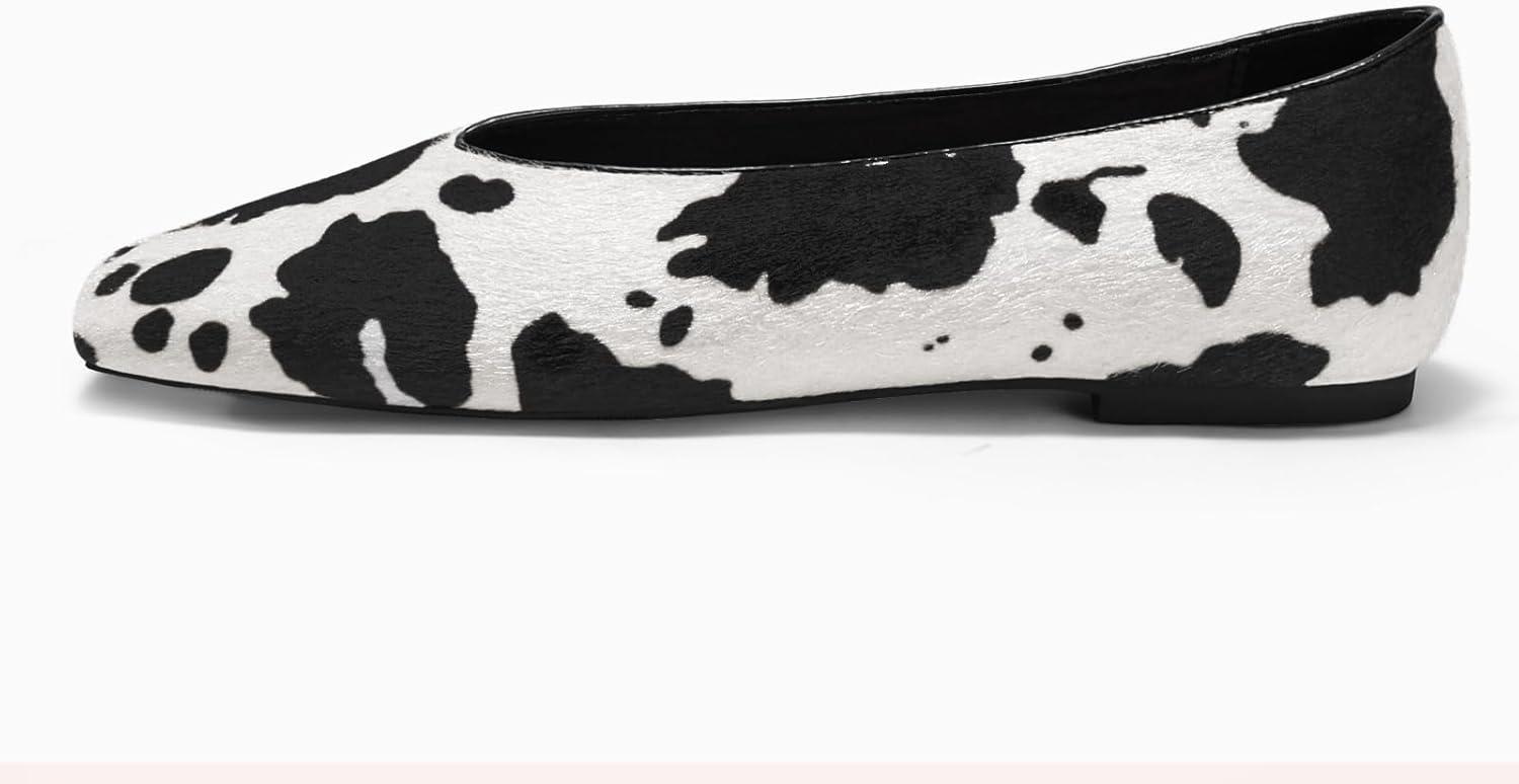 image:imageCoutgo Womens Ballet Flats Comfortable Closed Square Toe Flats Slip On Suede Work Dress ShoesCow Print Blackwhite