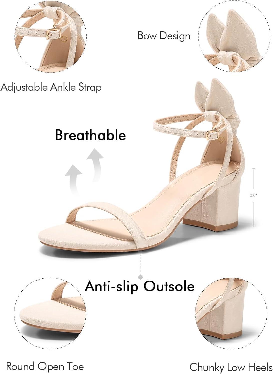 image:imageCoutgo Womens Chunky Low Heels Open Toe One Strap Heeled Sandals Bow Ankle Strap Wedding Dress ShoesBeige