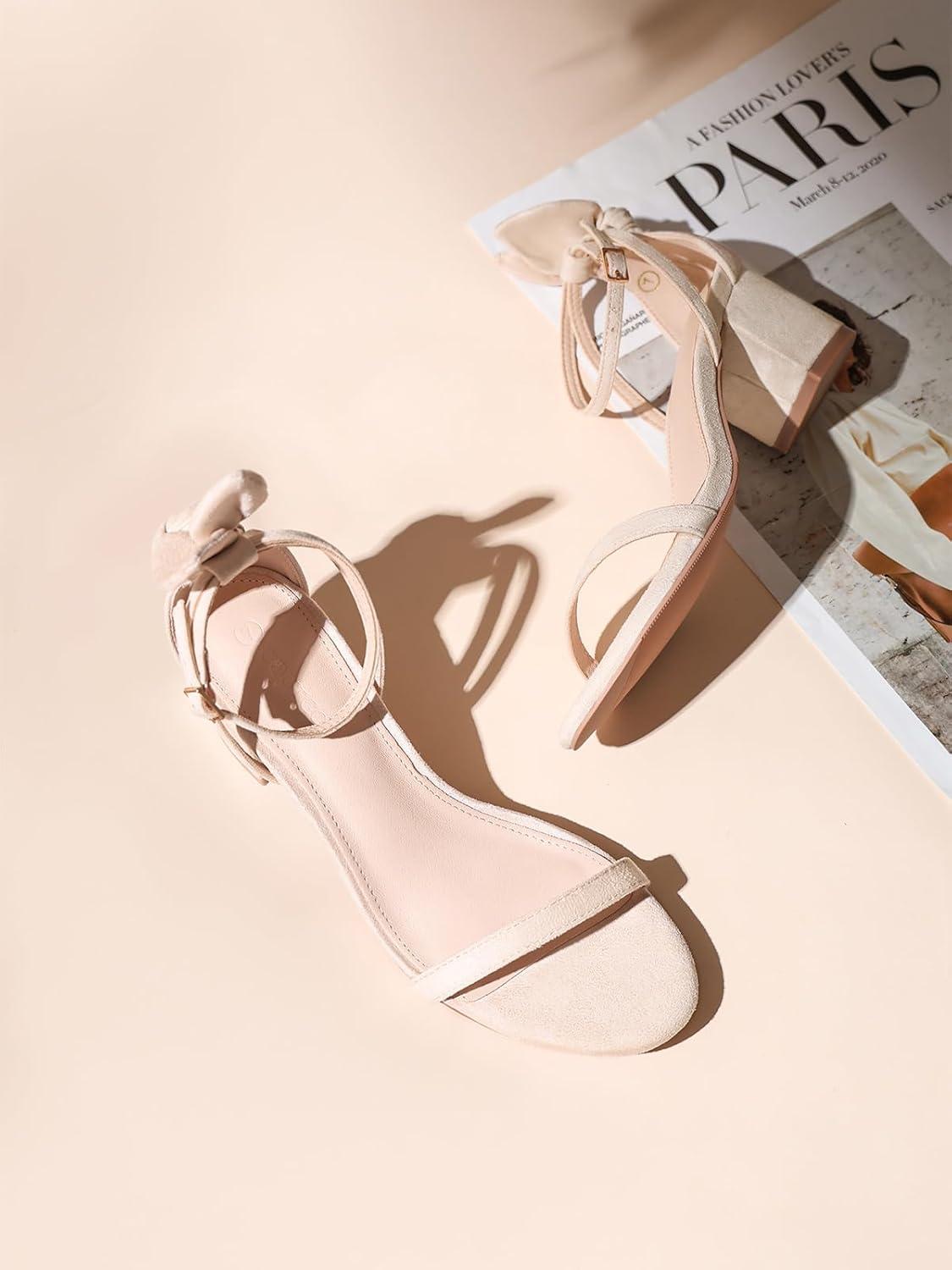 image:imageCoutgo Womens Chunky Low Heels Open Toe One Strap Heeled Sandals Bow Ankle Strap Wedding Dress ShoesBeige