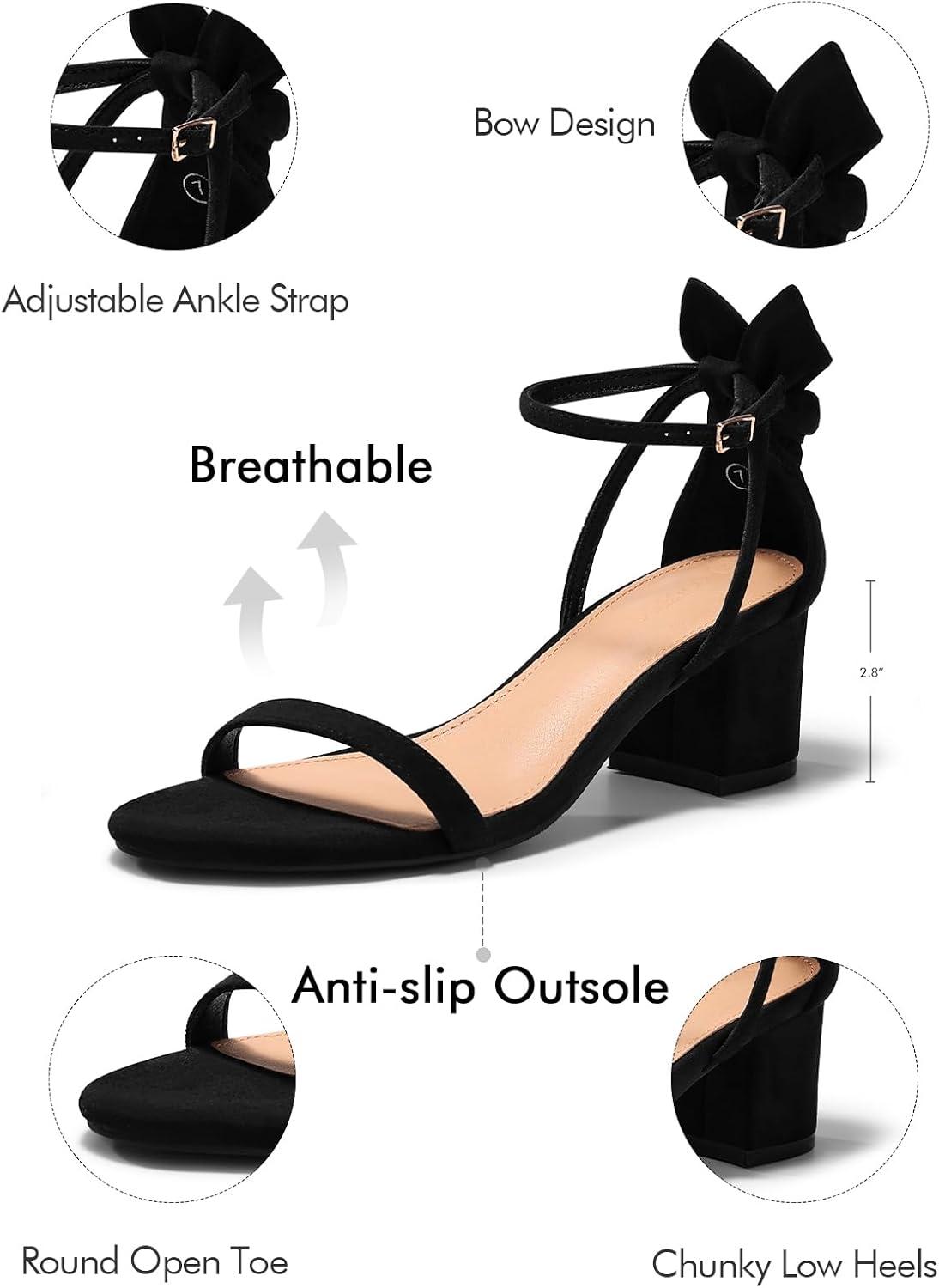 image:imageCoutgo Womens Chunky Low Heels Open Toe One Strap Heeled Sandals Bow Ankle Strap Wedding Dress ShoesBlack