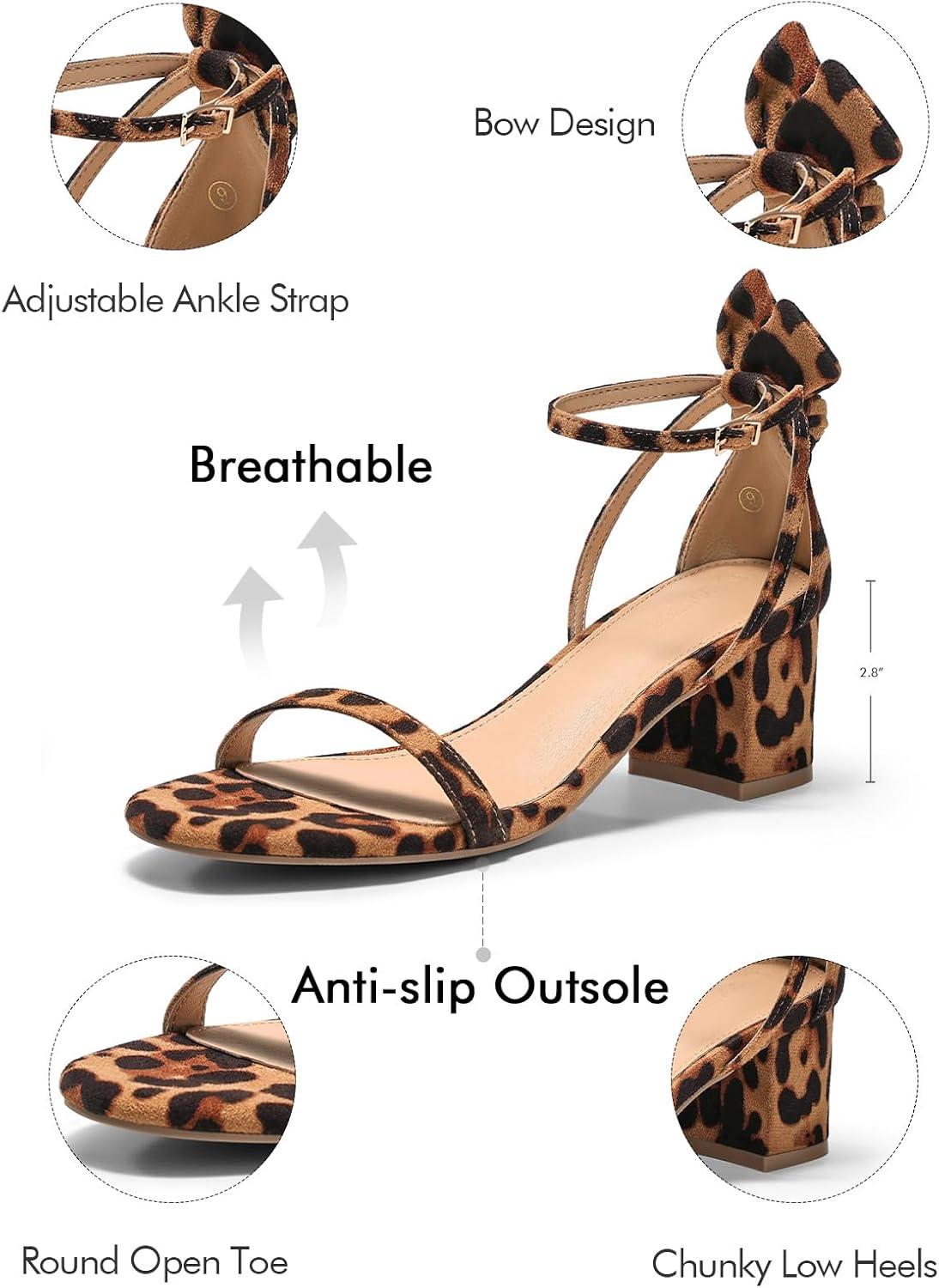 image:imageCoutgo Womens Chunky Low Heels Open Toe One Strap Heeled Sandals Bow Ankle Strap Wedding Dress ShoesLeopard
