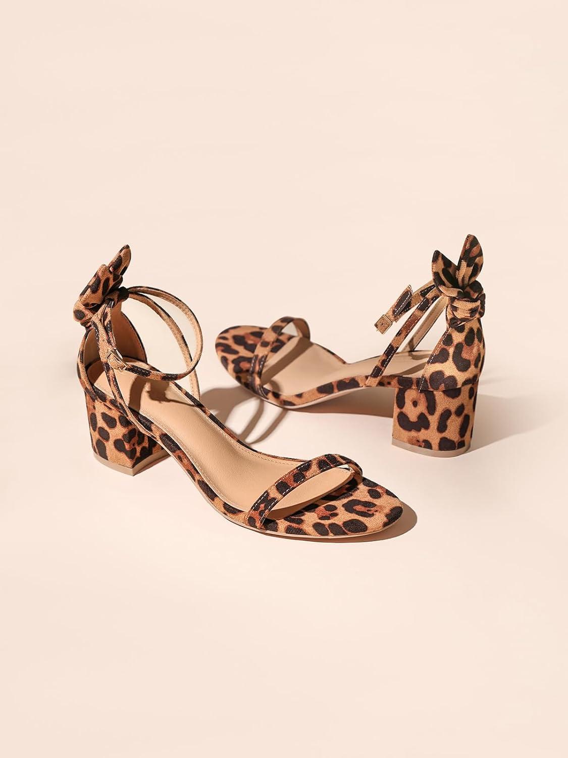 image:imageCoutgo Womens Chunky Low Heels Open Toe One Strap Heeled Sandals Bow Ankle Strap Wedding Dress ShoesLeopard