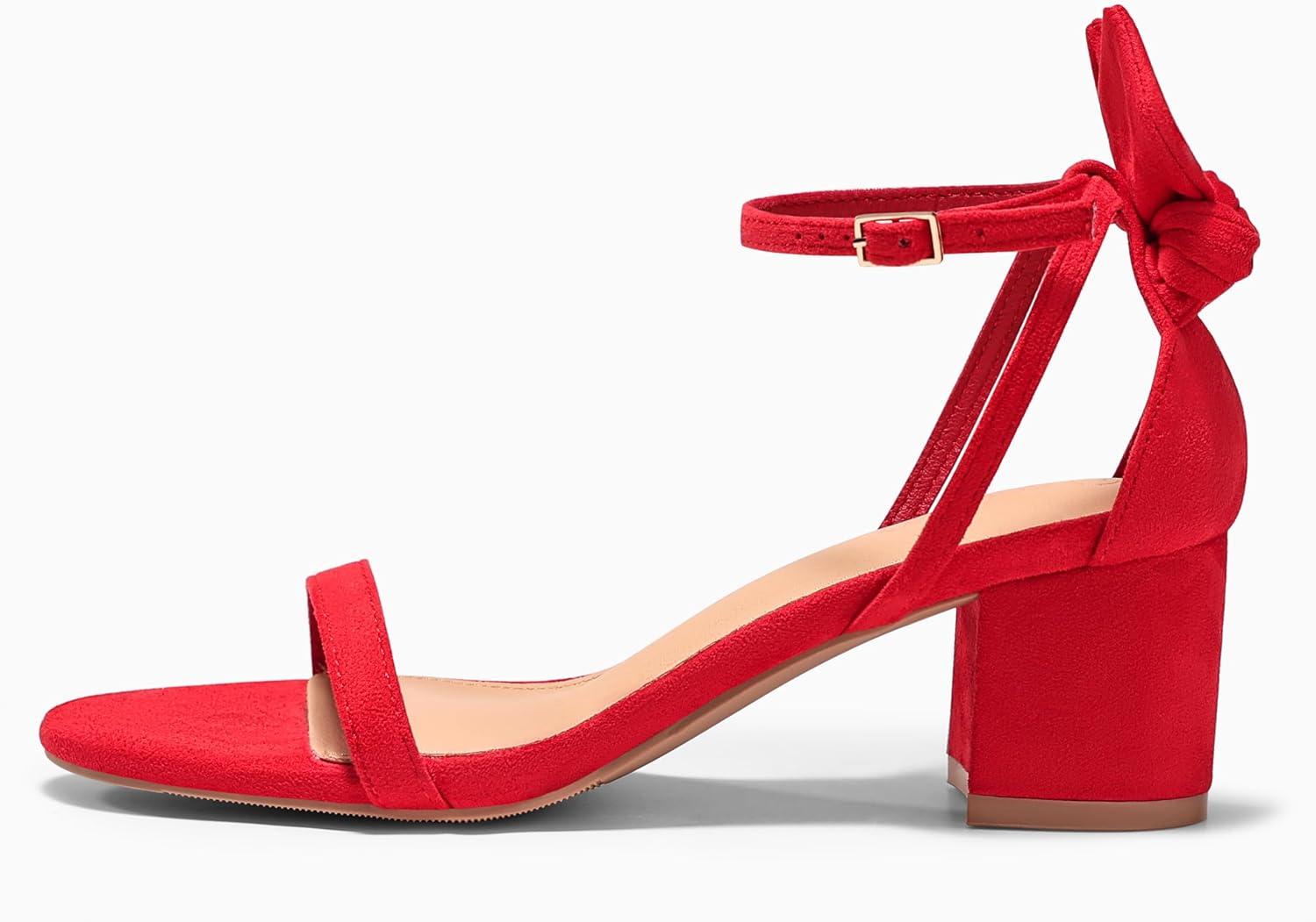 image:imageCoutgo Womens Chunky Low Heels Open Toe One Strap Heeled Sandals Bow Ankle Strap Wedding Dress ShoesRed