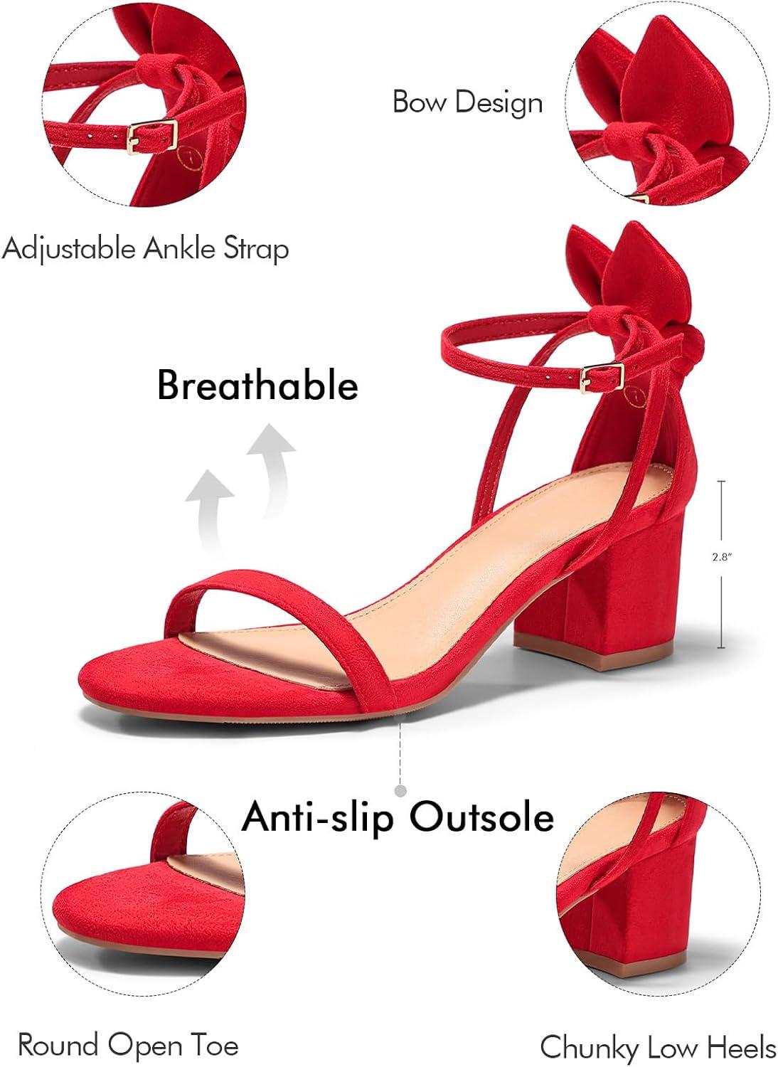 image:imageCoutgo Womens Chunky Low Heels Open Toe One Strap Heeled Sandals Bow Ankle Strap Wedding Dress ShoesRed