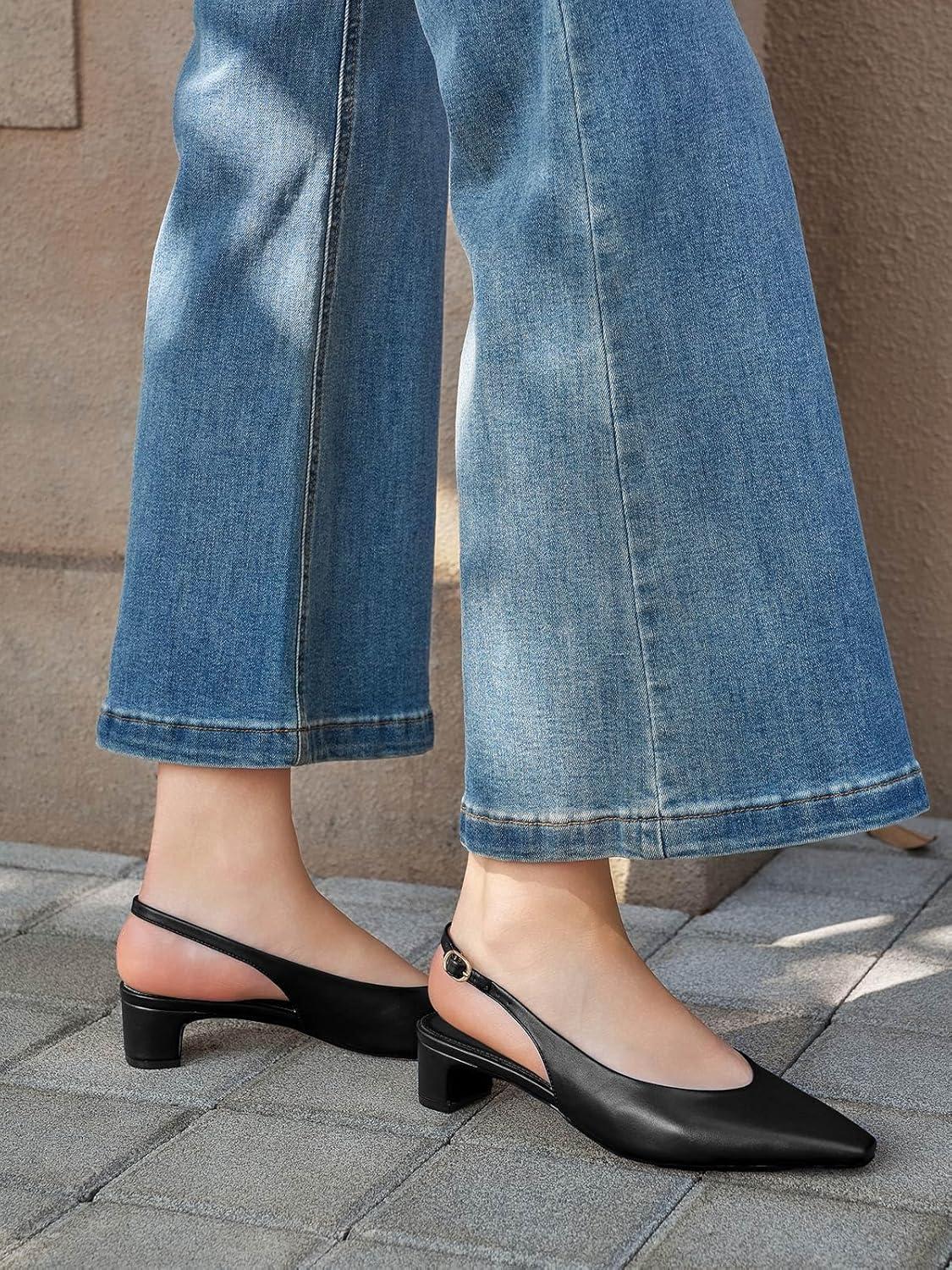 image:imageCoutgo Womens Chunky Low Heels Slingback Pumps Closed SquarePointed Toe Work Office Dress ShoesBlack