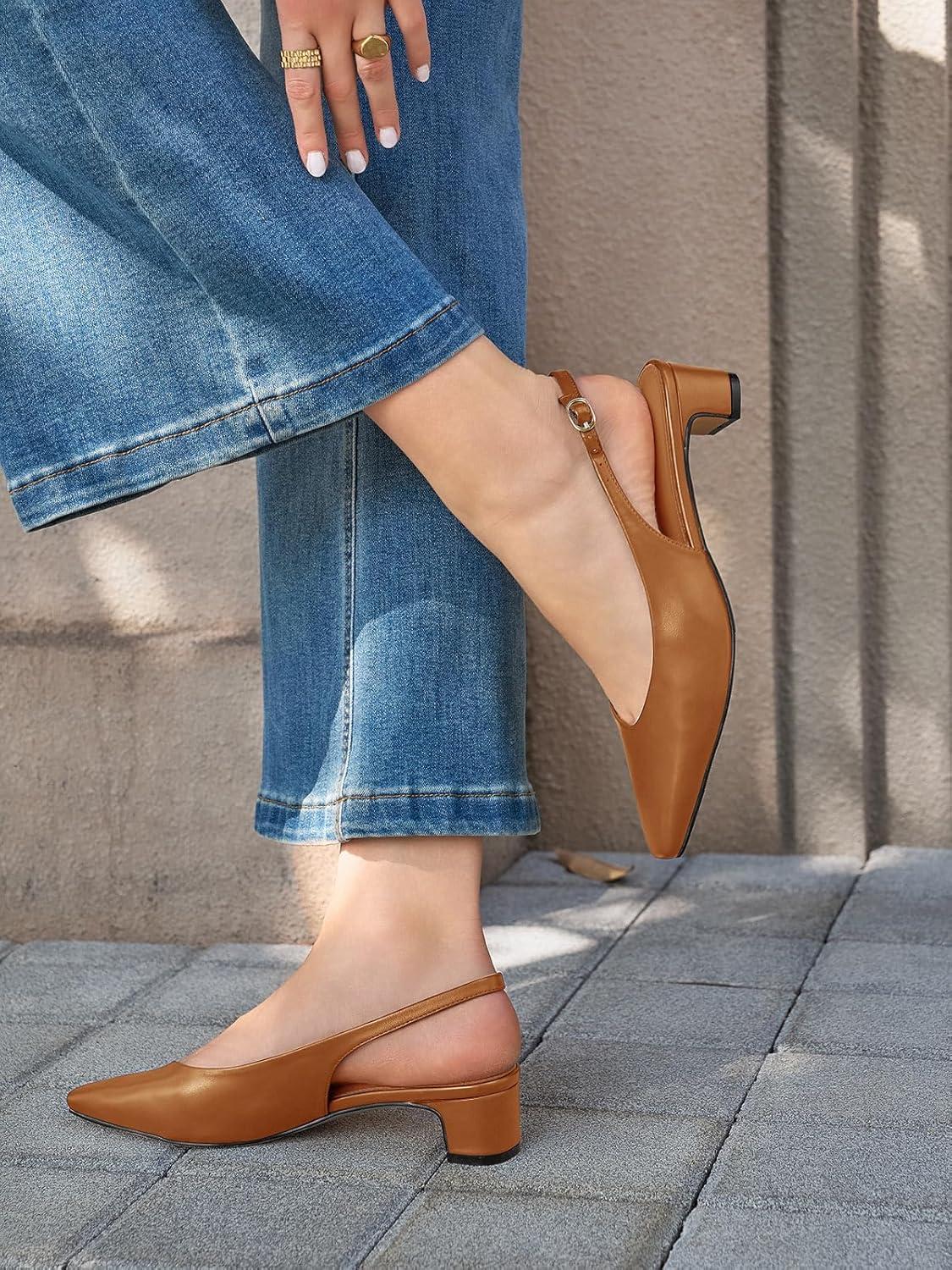 image:imageCoutgo Womens Chunky Low Heels Slingback Pumps Closed SquarePointed Toe Work Office Dress ShoesBrown