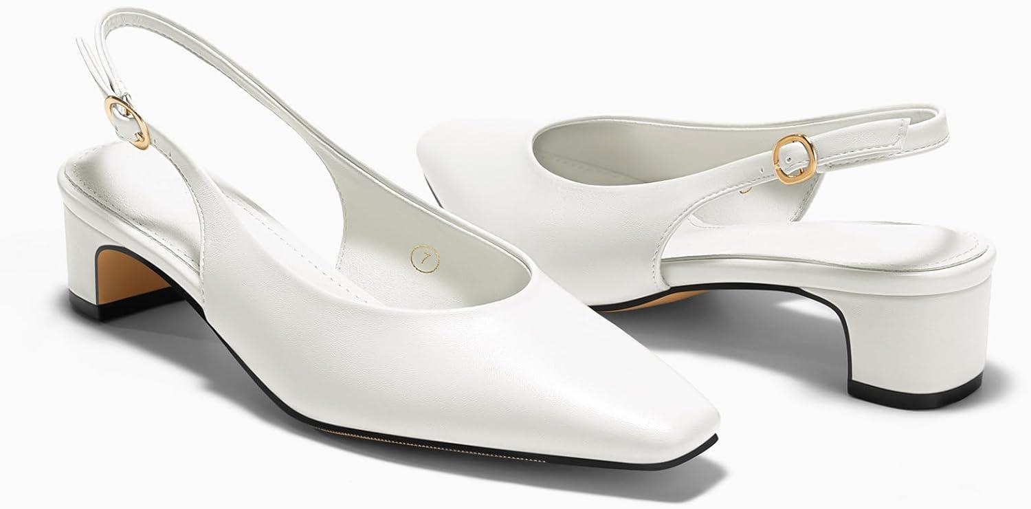 image:imageCoutgo Womens Chunky Low Heels Slingback Pumps Closed SquarePointed Toe Work Office Dress ShoesWhite