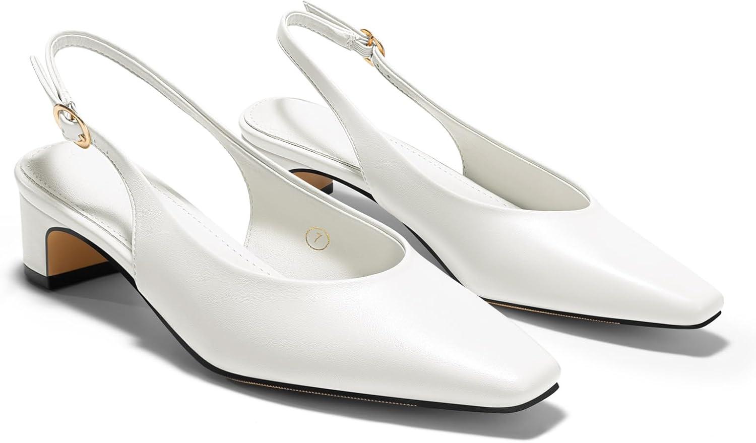 image:imageCoutgo Womens Chunky Low Heels Slingback Pumps Closed SquarePointed Toe Work Office Dress ShoesWhite