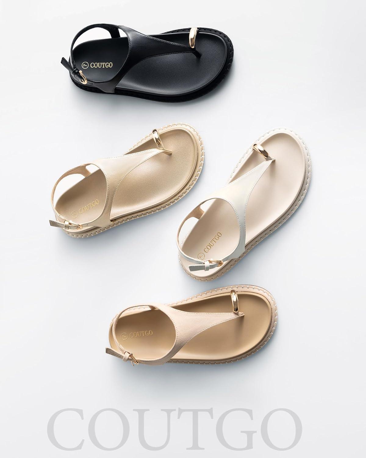 image:imageCoutgo Womens Flat Sandals Comfortable Flip Flops Thong Footbed Sandals Ankle Strap Summer Beach ShoesBeige